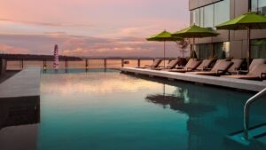 sunset at the infinity pool at four seasons seattle