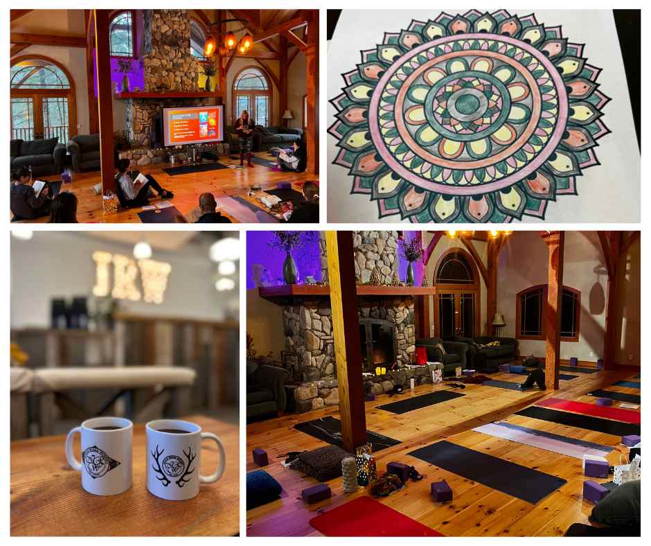 photos of yoga retreat and yoga mats on floor of lodge